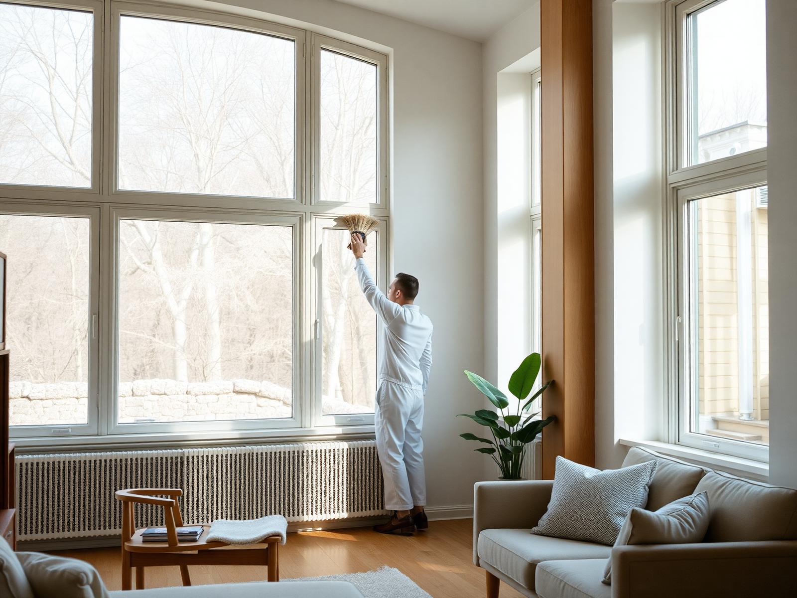Städare putsar fönster i ljus skandinavisk lägenhet